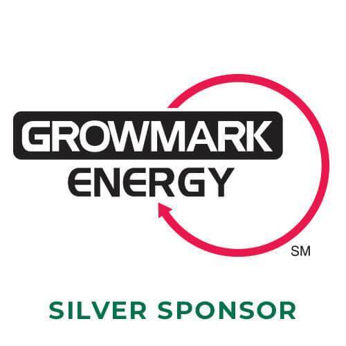 Growmark Energy in black and white lettering with a large circle outline in red above the words silver sponsor in dark green